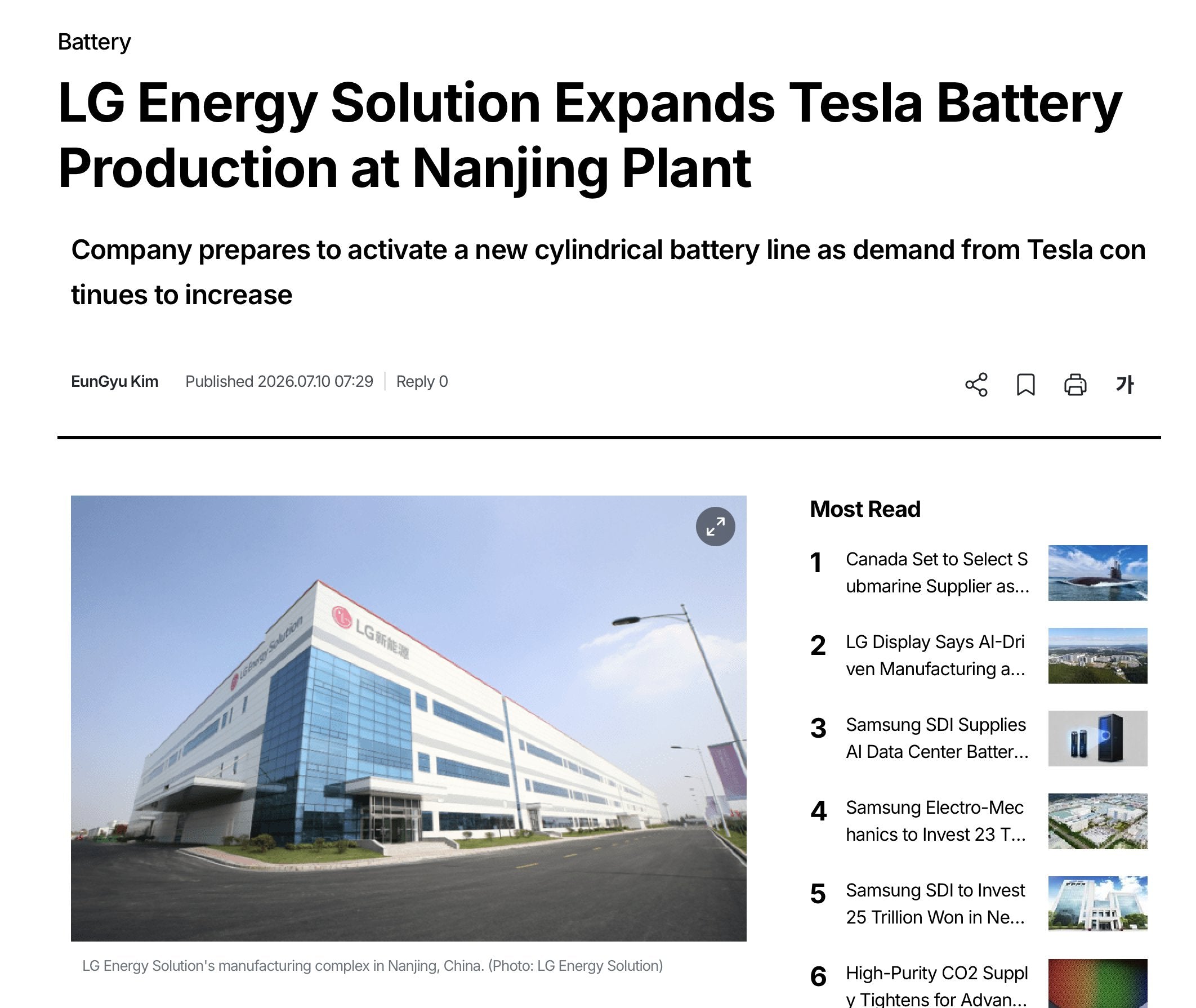 LG Expands Tesla Battery Production as Cell Demand Stays High