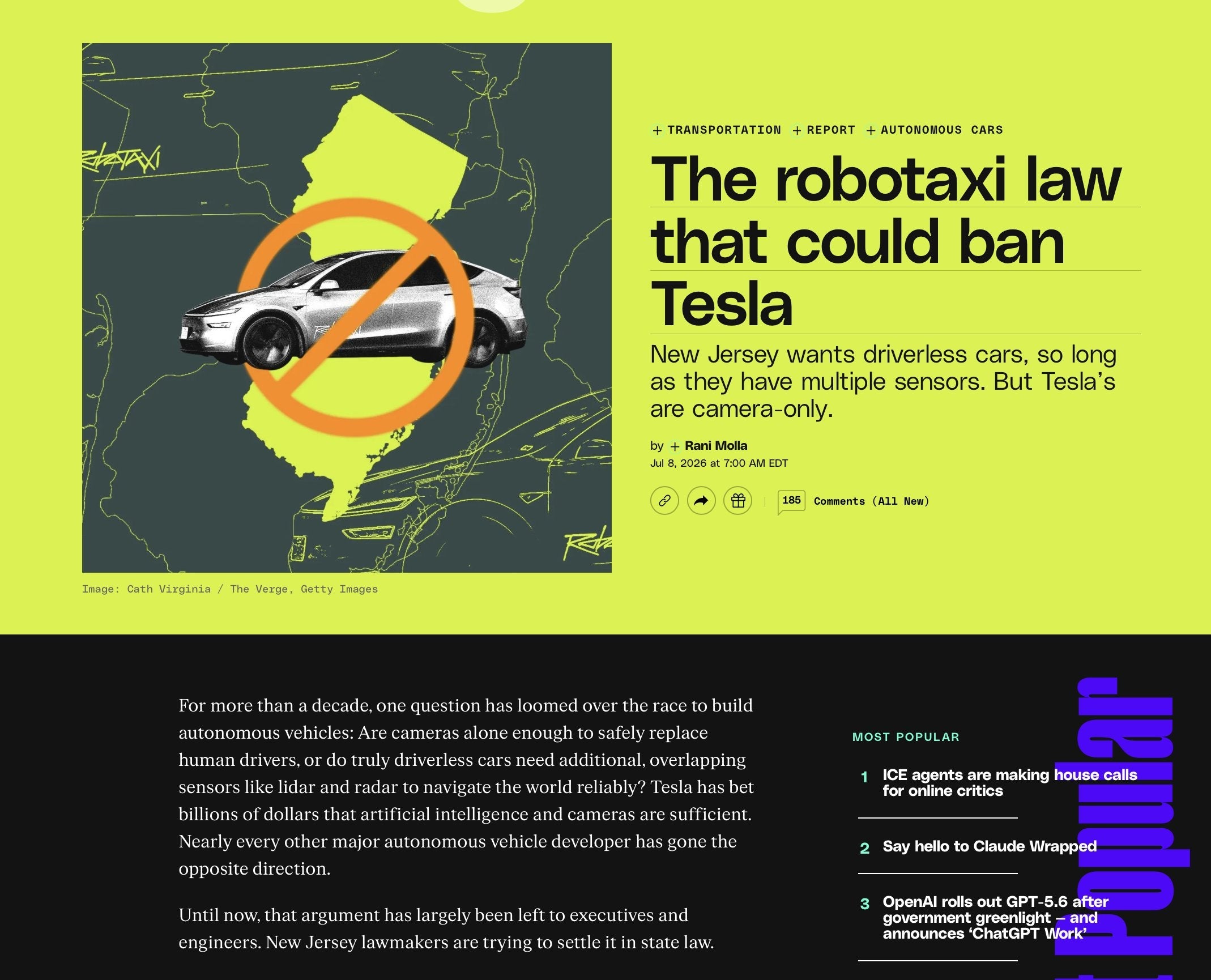 New Jersey Robotaxi Bill Puts Tesla's Camera-Only Strategy Under Pressure