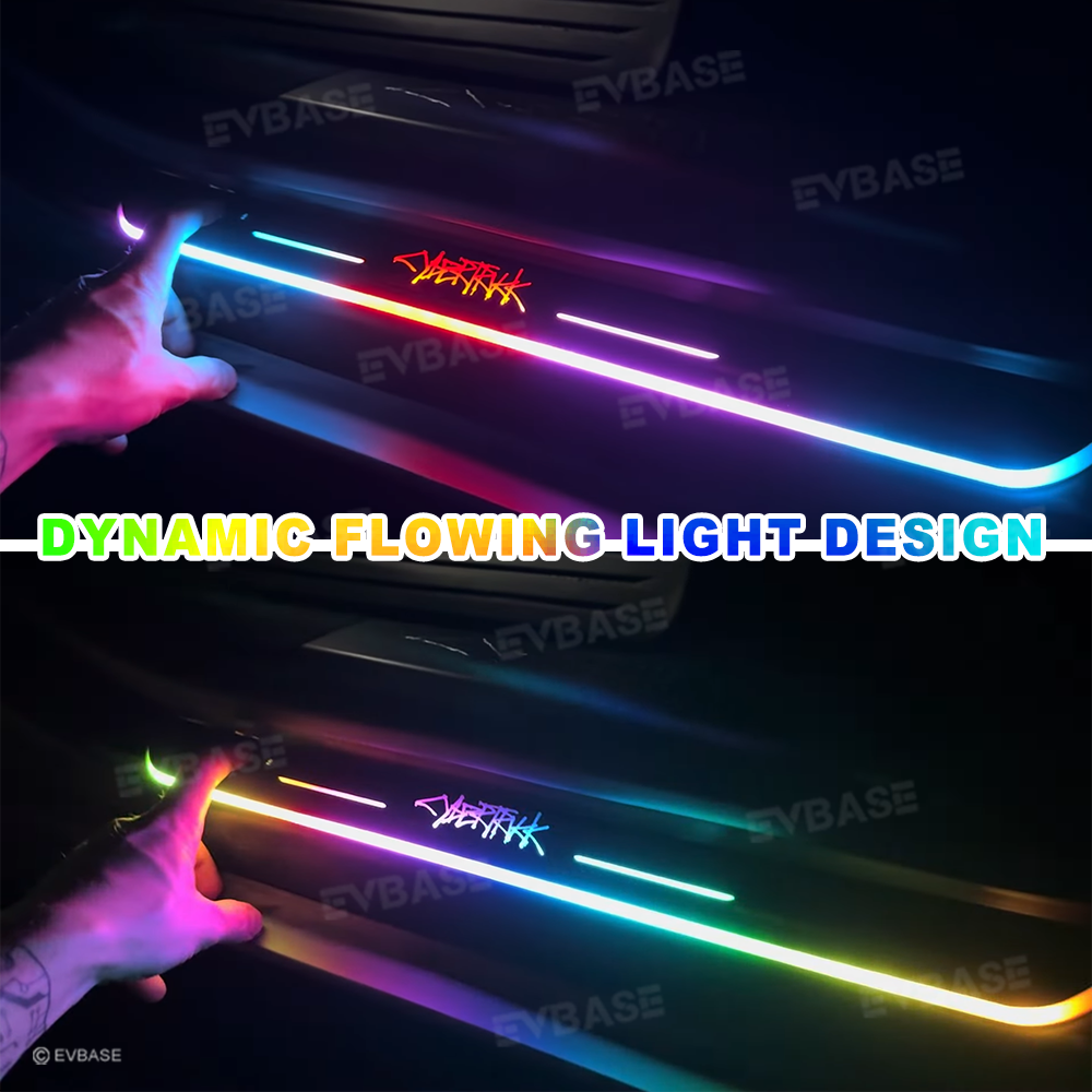 Tesla Cybertruck Door Sill Protector LED Trim Plates Welcome Pedals Carbon Fiber Pattern With Cybertruck Graffiti / Cyberbeast Logo