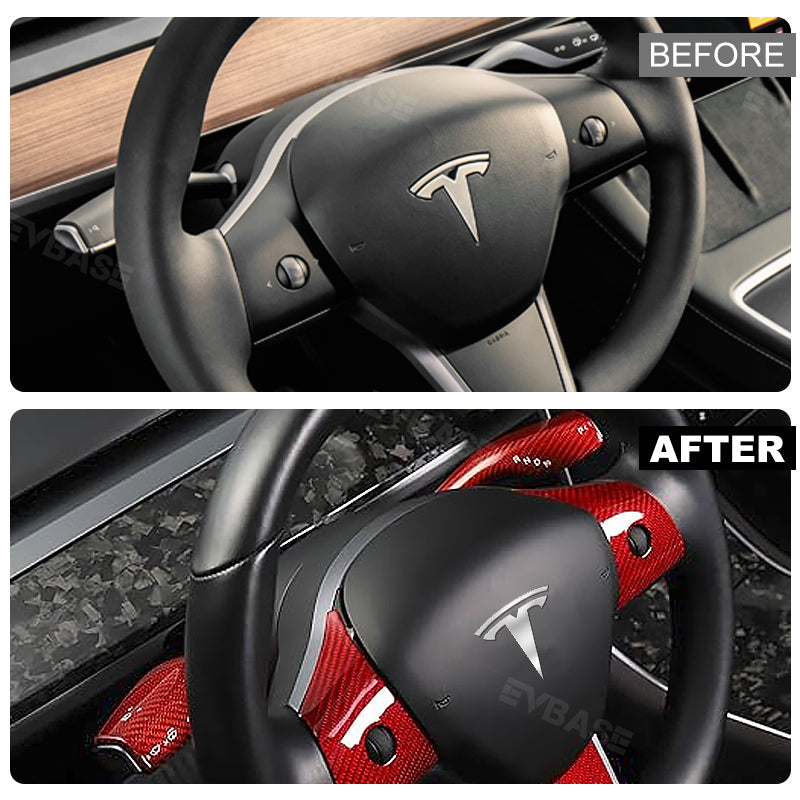 Model 3 Y Red Carbon Fiber Steering Wheel Trim Gear Shift Column Cover Real Carbon Fiber Decoration (Set of 5) for Tesla