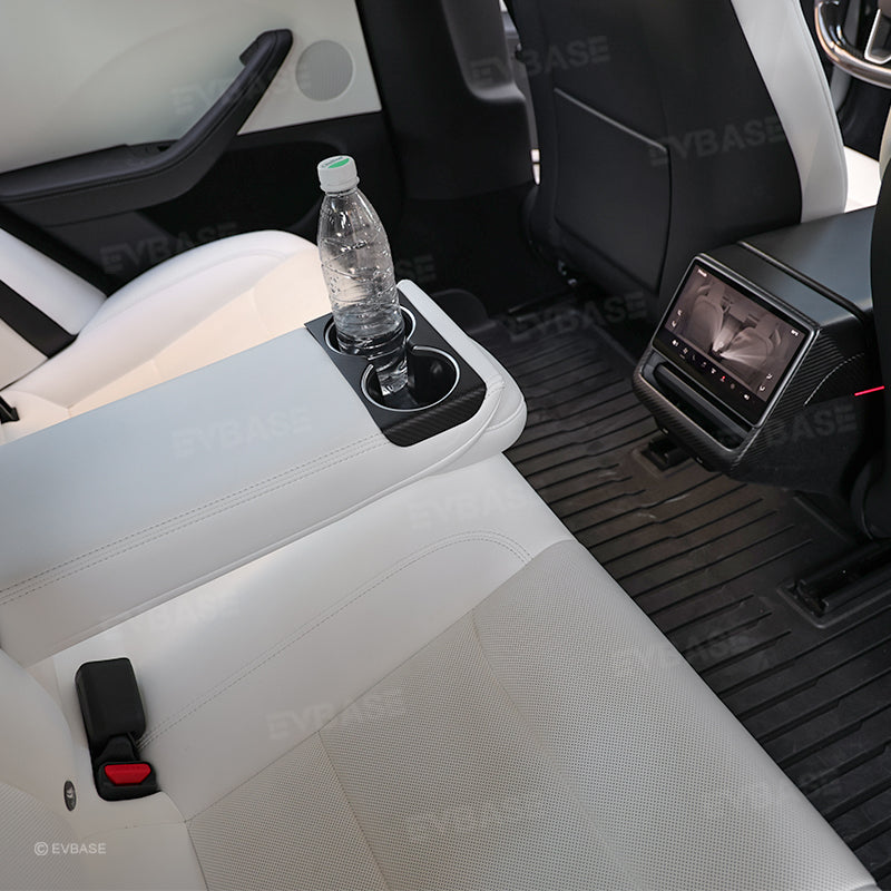 Model Y Juniper Cup Holder Trim Rear Armrest Real Carbon Fiber Cover Center Console Overlay Panel for Tesla