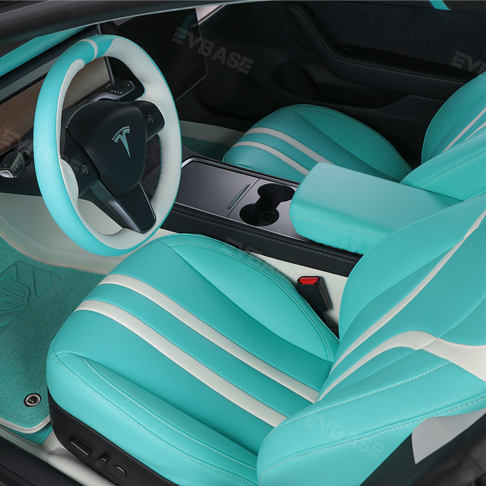 Model 3 Y Seat Covers Breathable NAPPA Leather Seat Protector Tiffany Blue & White All Set for Tesla