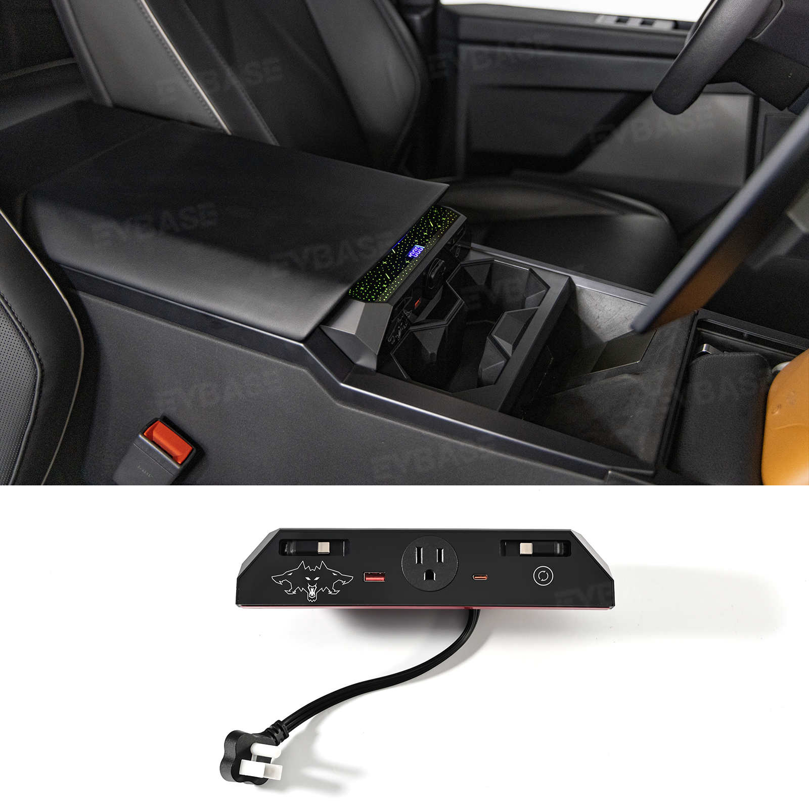 Cybertruck Center Console Multi-Port USB Charging Hub 2.0 with Retractable Cables & 110V AC Outlet (30W PD/QC3.0 Fast Phone Charge)