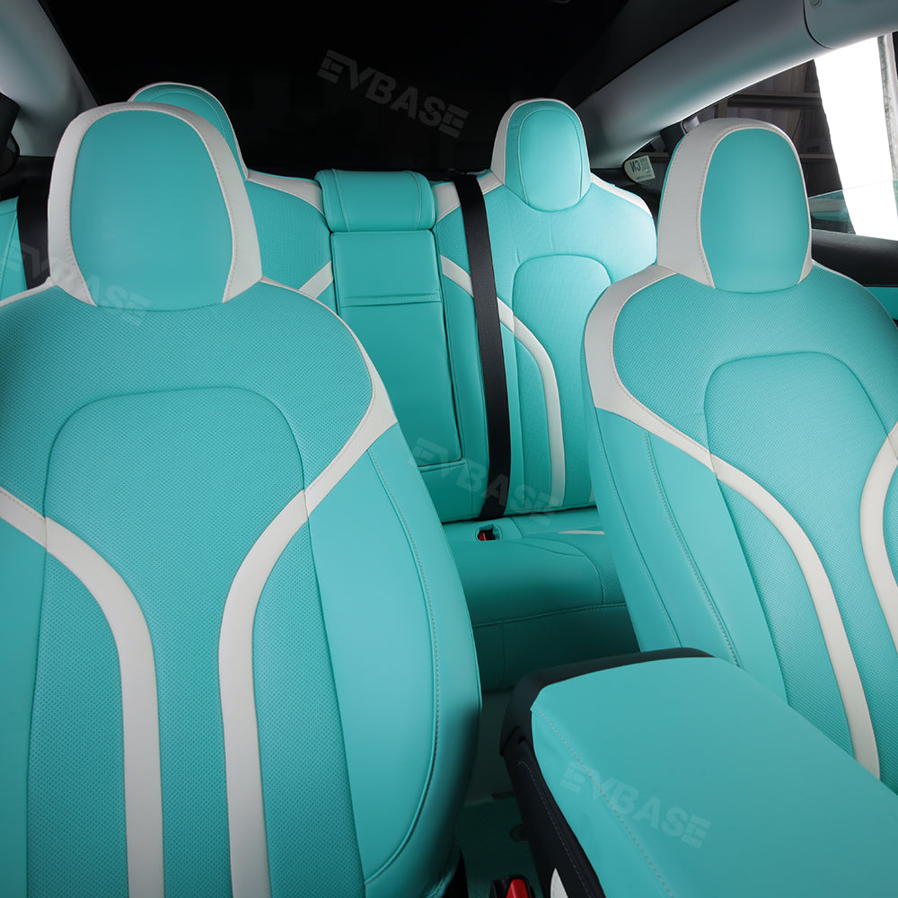 Model 3 Y Seat Covers Breathable NAPPA Leather Seat Protector Tiffany Blue & White All Set for Tesla