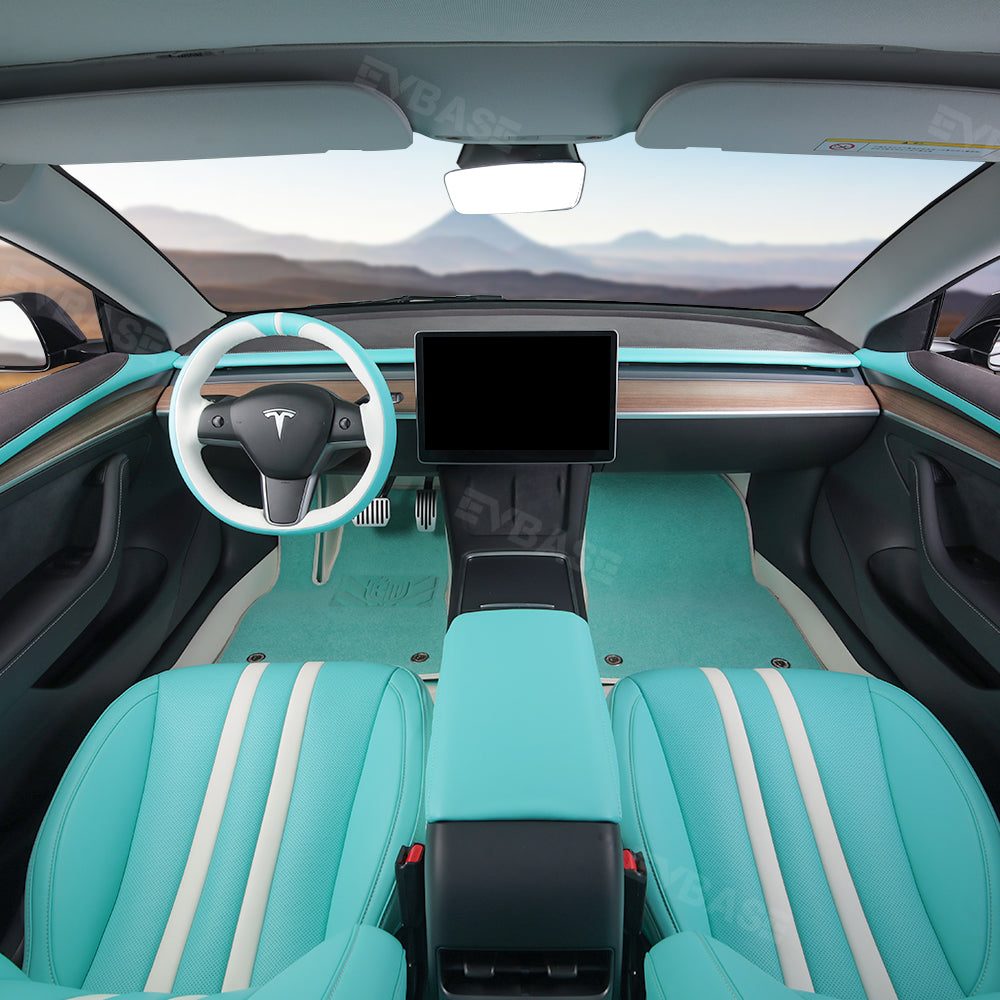 Model 3 Y Seat Covers Breathable NAPPA Leather Seat Protector Tiffany Blue & White All Set for Tesla