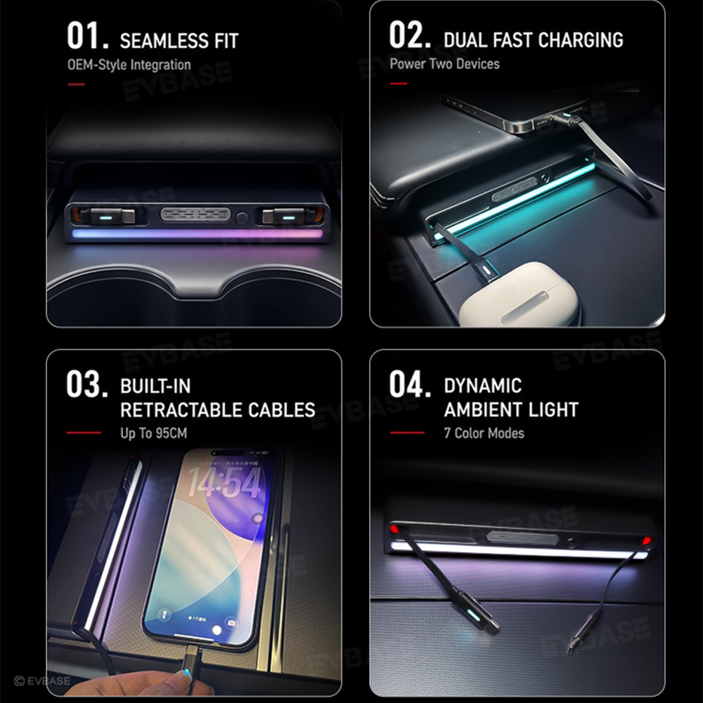 Model Y Juniper Standard /3 Standard Center Console USB Hub Charger with Retractable Charging Cables & RGB Ambient Lighting & Aroma Diffuser