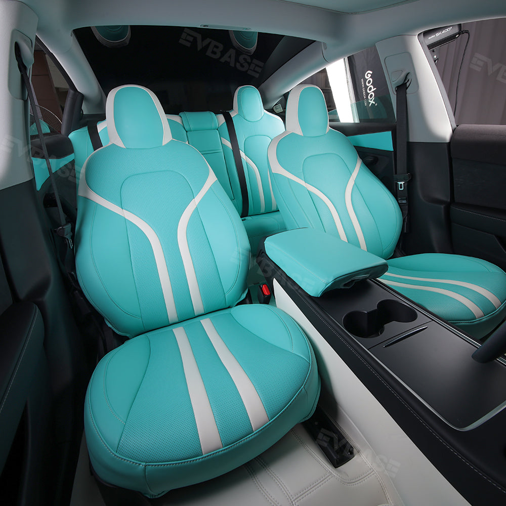 Model 3 Y Seat Covers Breathable NAPPA Leather Seat Protector Tiffany Blue & White All Set for Tesla