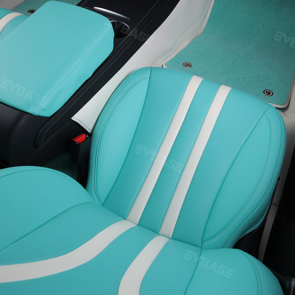 Model 3 Y Seat Covers Breathable NAPPA Leather Seat Protector Tiffany Blue & White All Set for Tesla