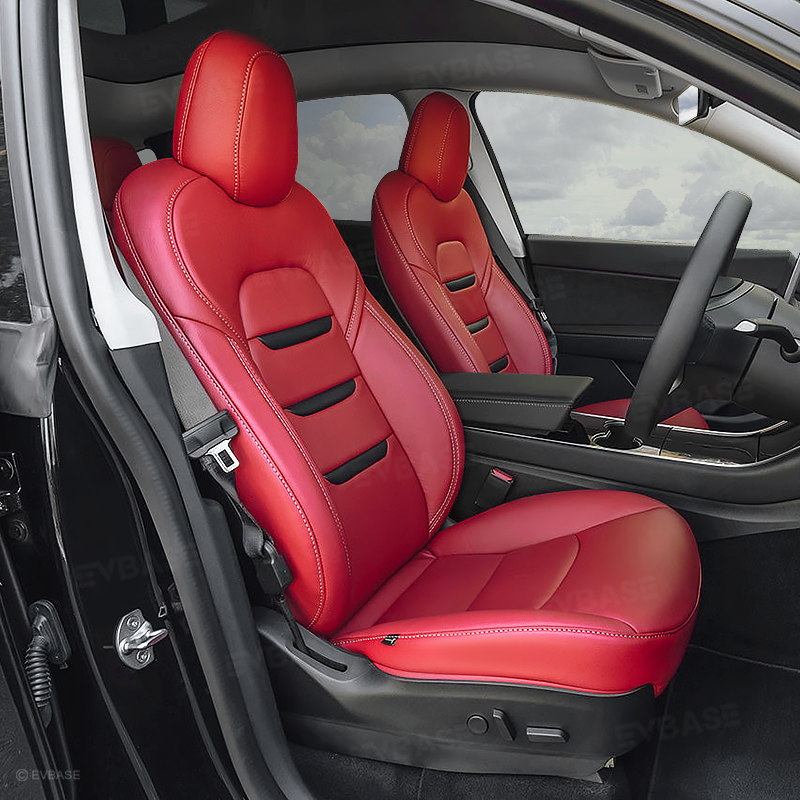EVBASE Seat Covers For Tesla Model Y/ Model 3 Highland Leather Seat Protector 3-lined Insignia Design