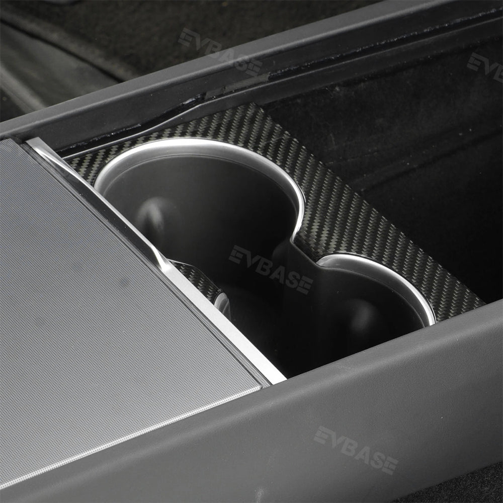 EVBASE Tesla Model Y Juniper Cup Holder Cover Real Carbon Fiber Trim Panel Center Console Overlay