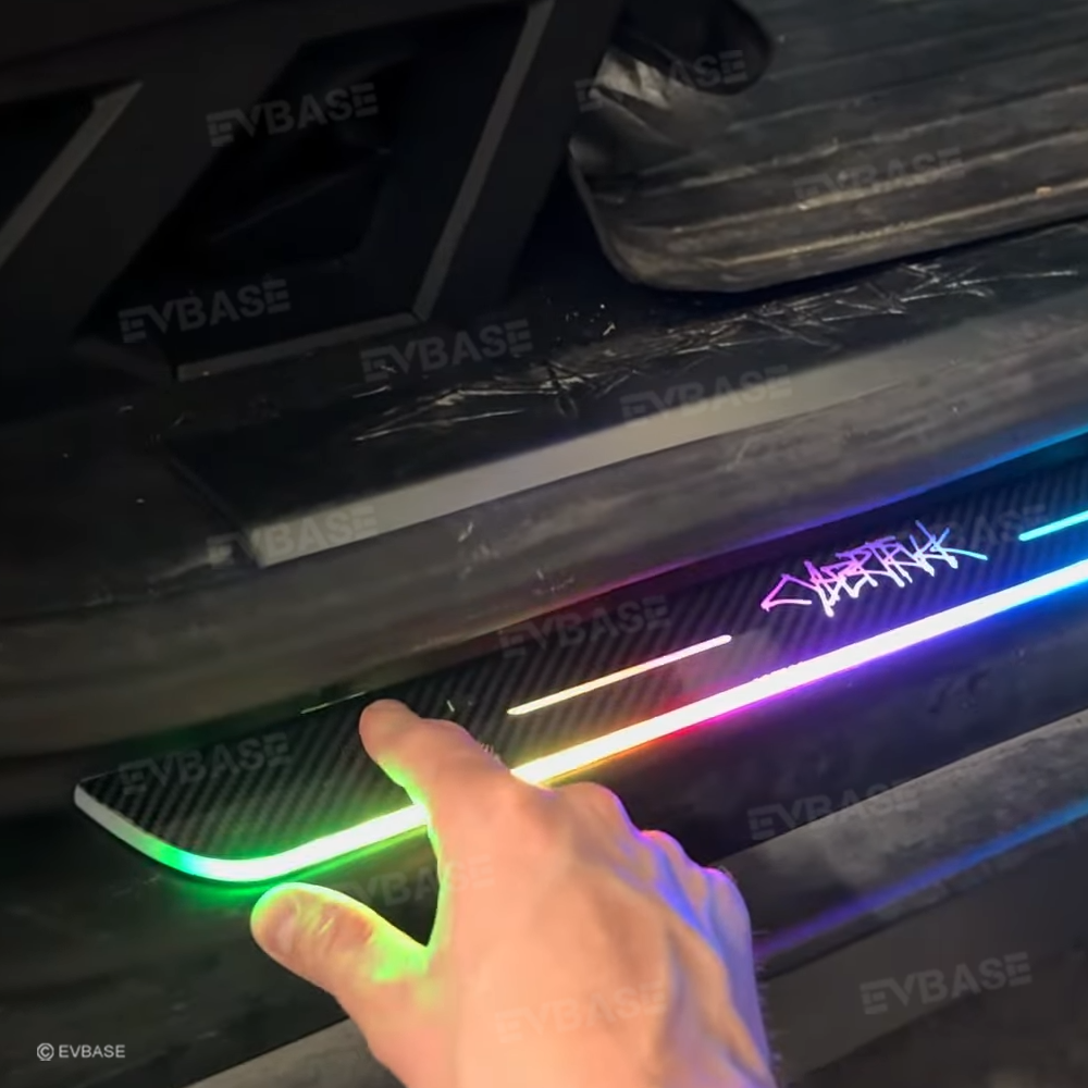 Tesla Cybertruck Door Sill Protector LED Trim Plates Welcome Pedals Carbon Fiber Pattern With Cybertruck Graffiti / Cyberbeast Logo