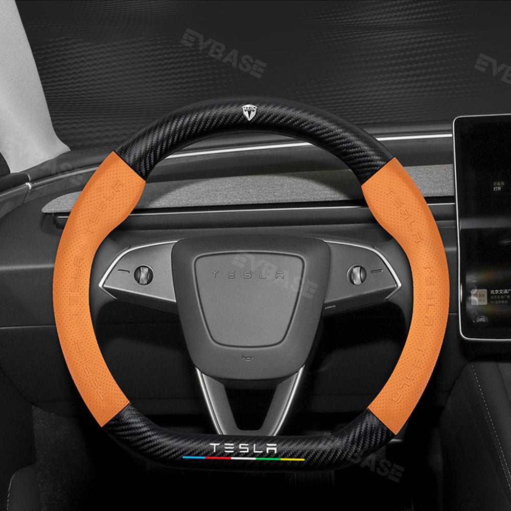 Tesla Model 3 Highland Steering Wheel Cover Wrap Breathable Anti-Slip Perforated Leather Carbon Fiber