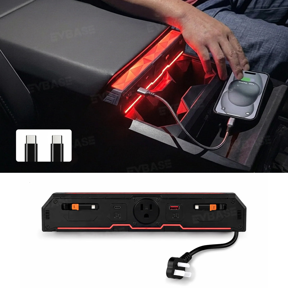 Cybertruck Center Console Multi-Port USB Charger Hub 3.0 with Retractable Cables & 110V AC Outlet Ambient Lighting Power Hub