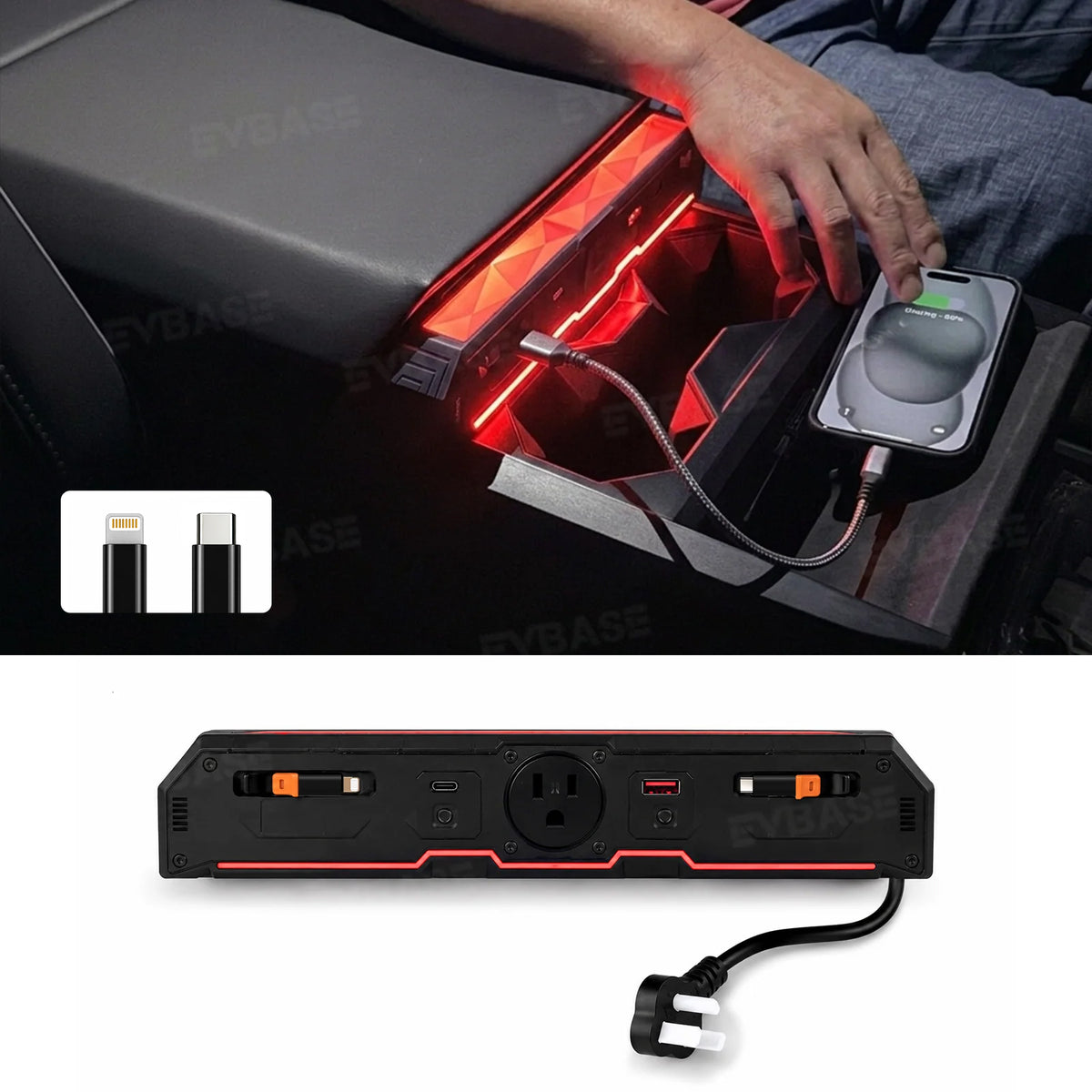 Cybertruck Center Console Multi-Port USB Charger Hub 3.0 with Retractable Cables & 110V AC Outlet Ambient Lighting Power Hub