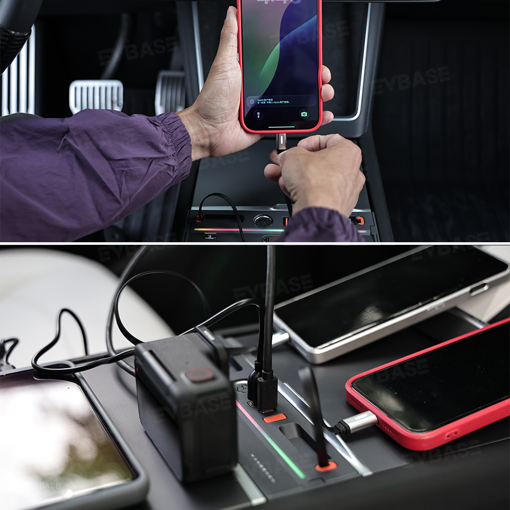 Model Y Juniper/ 3 Highland Center Console USB Hub Docking Station with Retractable Charging Cables & Aromatherapy & Ambient LED Lighting