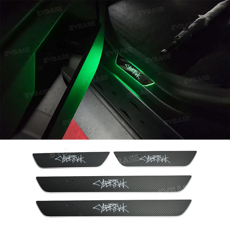 cybertruck pedals Tesla Cybertruck Door Sill Protector LED Trim Plates Welcome Pedals Carbon Fiber Pattern With Cybertruck Graffiti / Cyberbeast Logo, Cybertruck 2024+