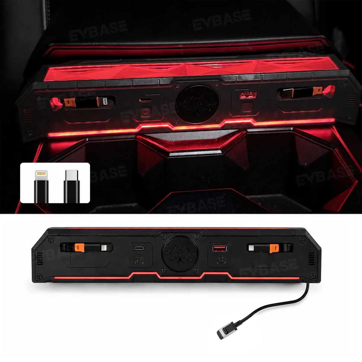 Cybertruck Center Console Multi-Port USB Charger Hub 3.0 with Retractable Cables & 110V AC Outlet Ambient Lighting Power Hub