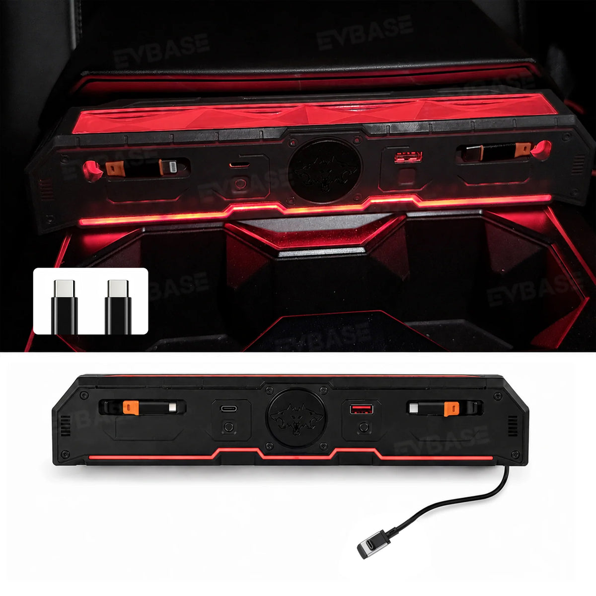 Cybertruck Center Console Multi-Port USB Charger Hub 3.0 with Retractable Cables & 110V AC Outlet Ambient Lighting Power Hub