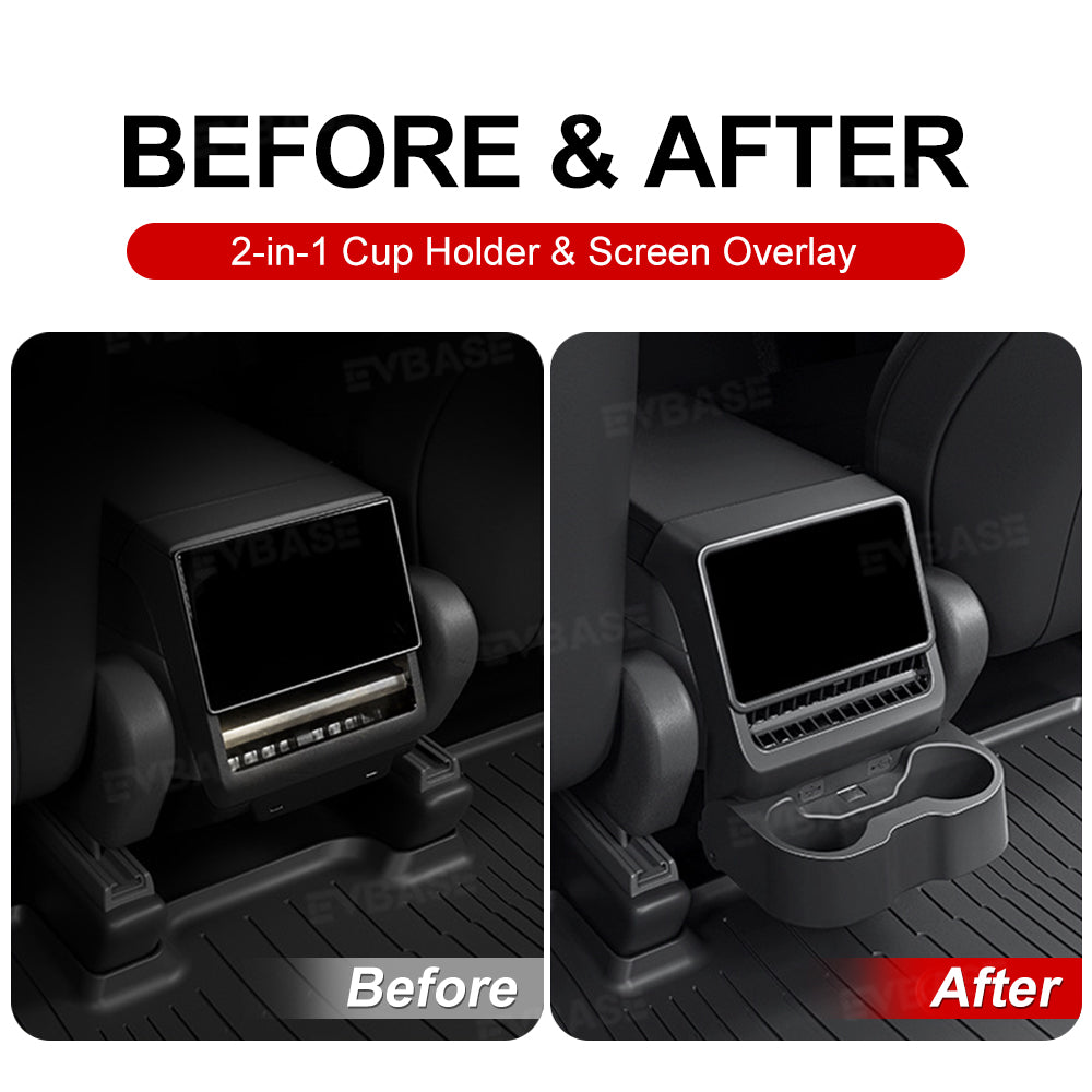 Model Y Juniper/ 3 Highland Backseat Screen Display Overlay with Hidden Folding Cup Holder