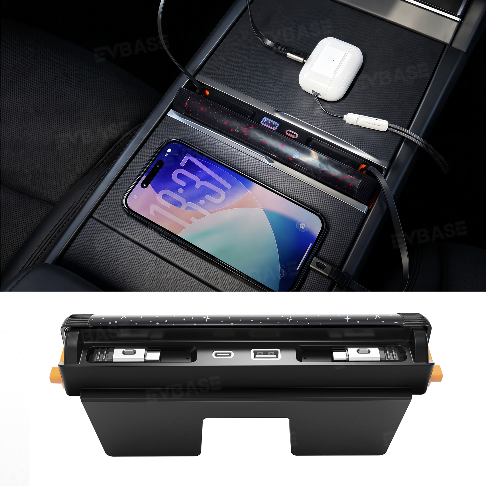 Model Y Juniper/ 3 Highland Center Console Multiport USB Hub Adapter with Starlight Ambient Lighting & Fast Charging Retractable Cables