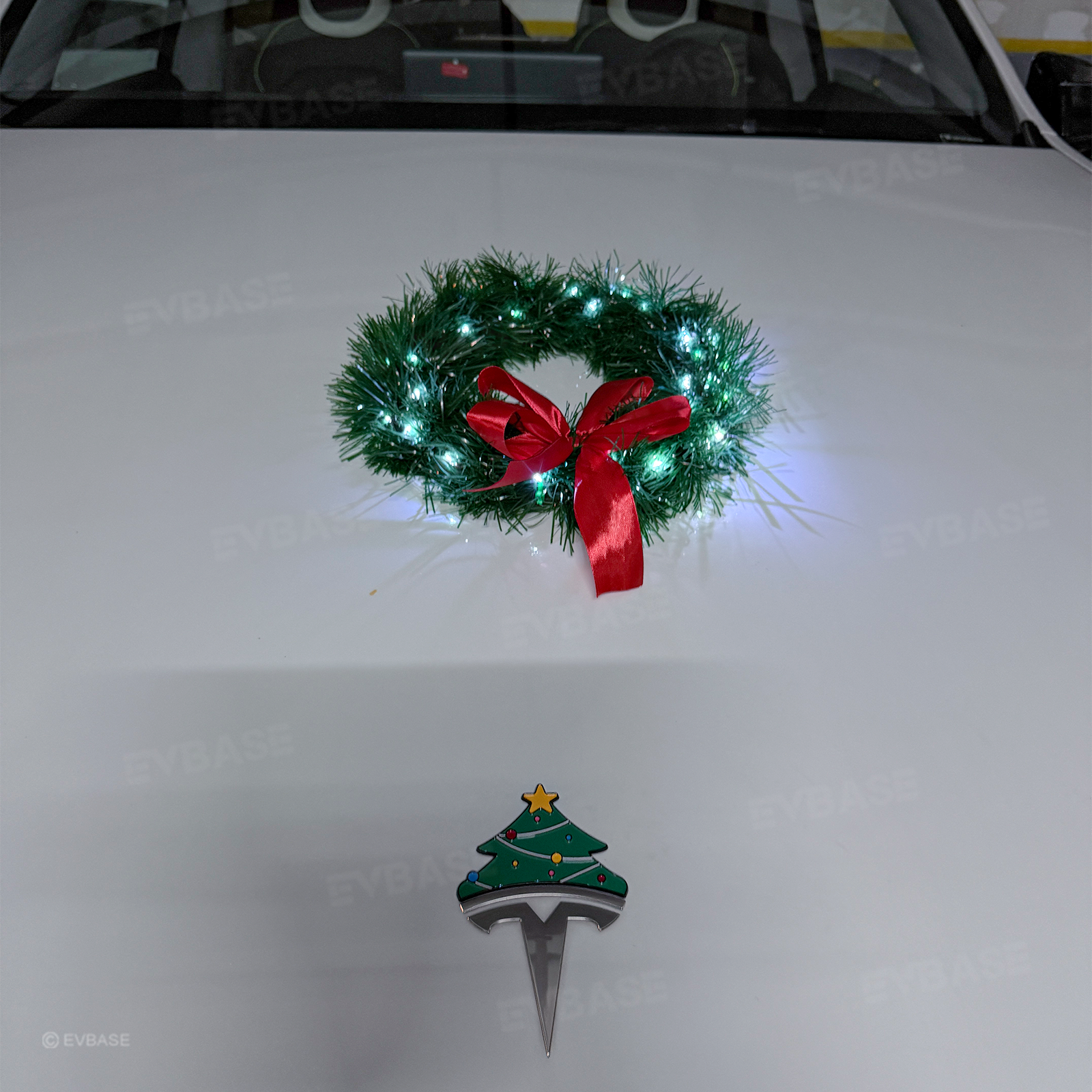 LED Christmas Wreath with Red Bow Holiday Car Exterior Decoration for Tesla