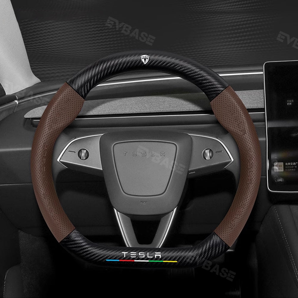 Tesla Model 3 Highland Steering Wheel Cover Wrap Breathable Anti-Slip Perforated Leather Carbon Fiber