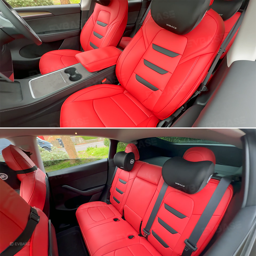 EVBASE Seat Covers For Tesla Model Y/ Model 3 Highland Leather Seat Protector 3-lined Insignia Design