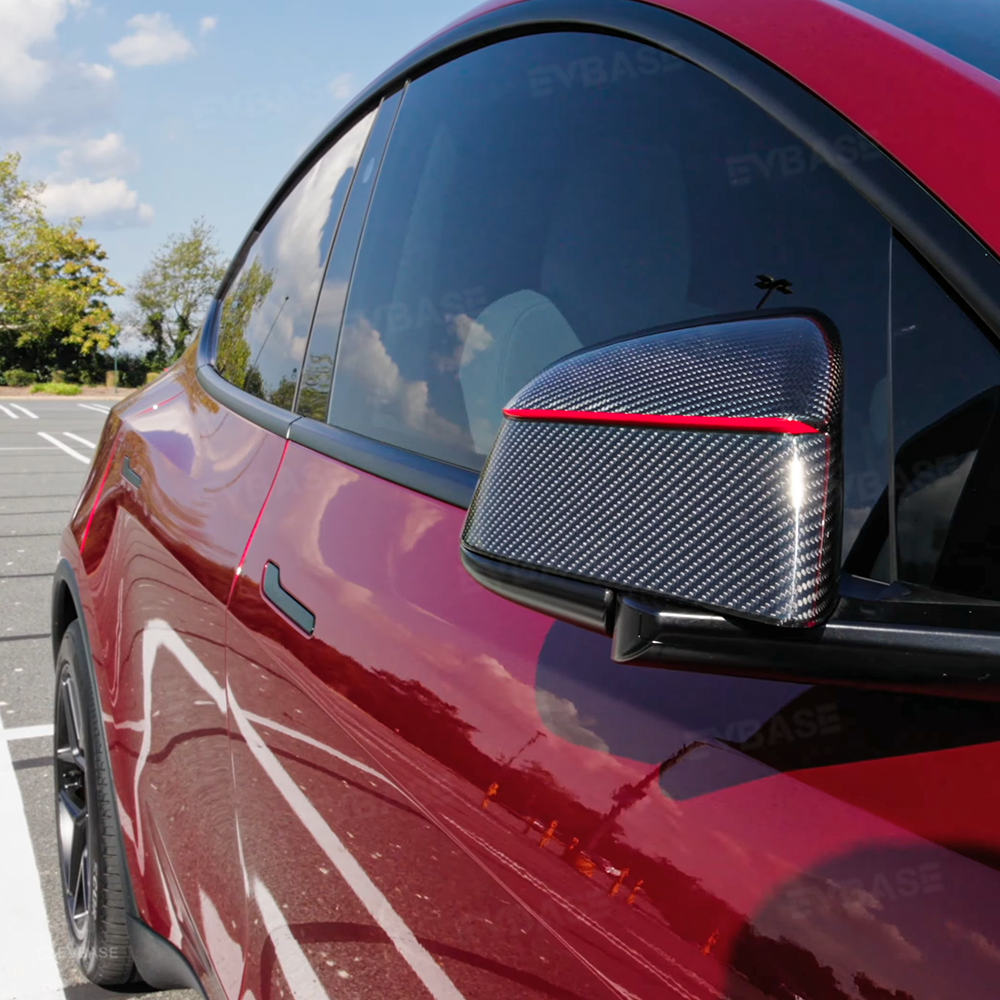 Model Y Juniper Real Carbon Fiber Rear Spoiler Wing & Side Mirror Covers & T-E-S-L-A Lettering Tailgate Emblem Decal