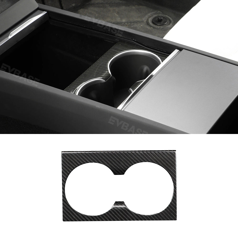 EVBASE Tesla Model Y Juniper Cup Holder Cover Real Carbon Fiber Trim Panel Center Console Overlay