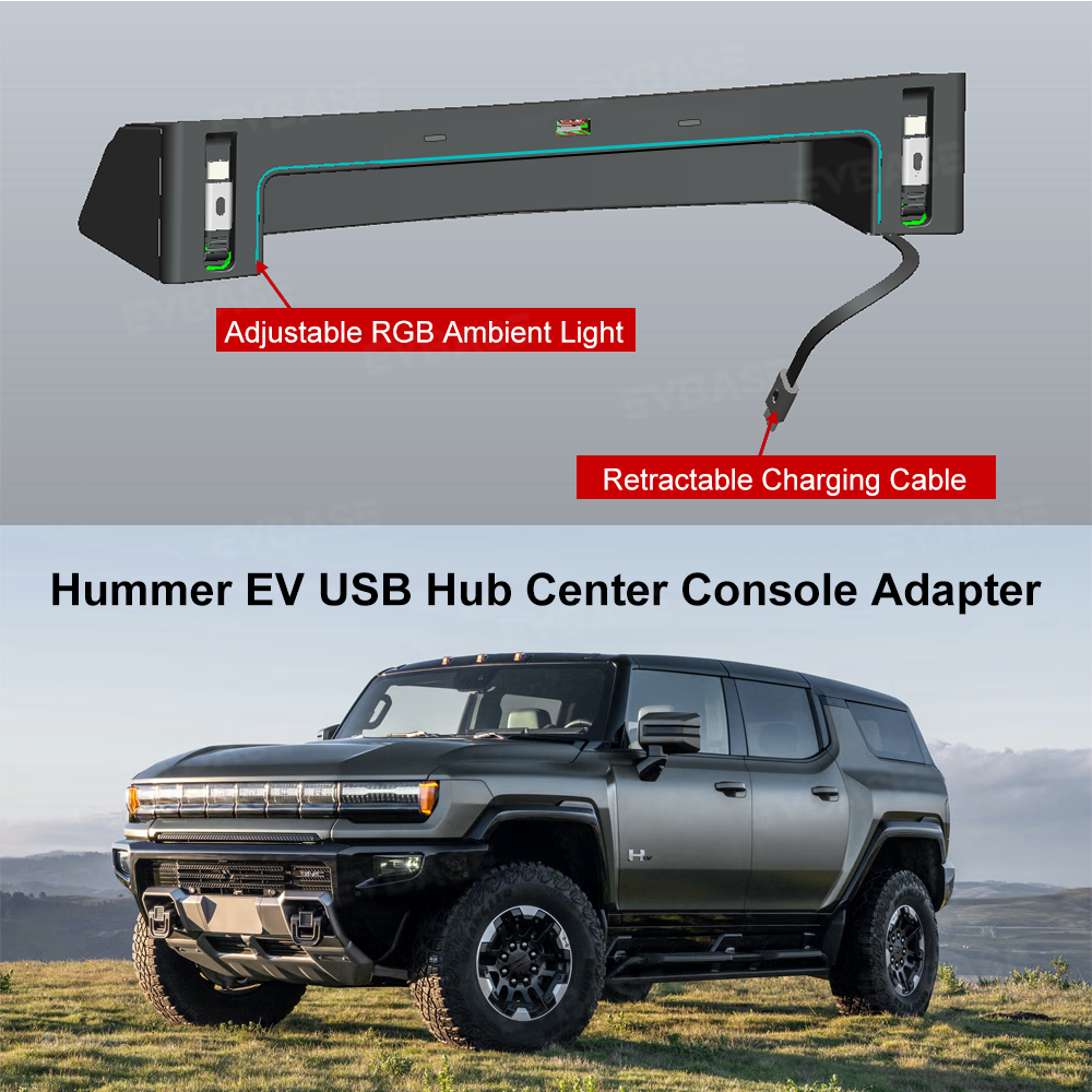 Hummer EV USB Hub Center Console Adapter Docking Station with Retractable Charging Cables RGB LED Ambient Lighting