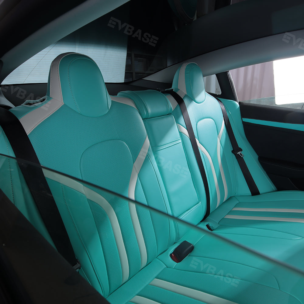 Model 3 Y Seat Covers Breathable NAPPA Leather Seat Protector Tiffany Blue & White All Set for Tesla