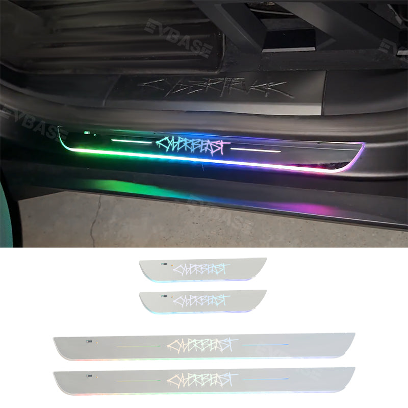 Cybertruck Illuminated Door Sill Protectors With Cyberbeast Graffiti Logo Welcome Pedal Plates LED Lights for Tesla
