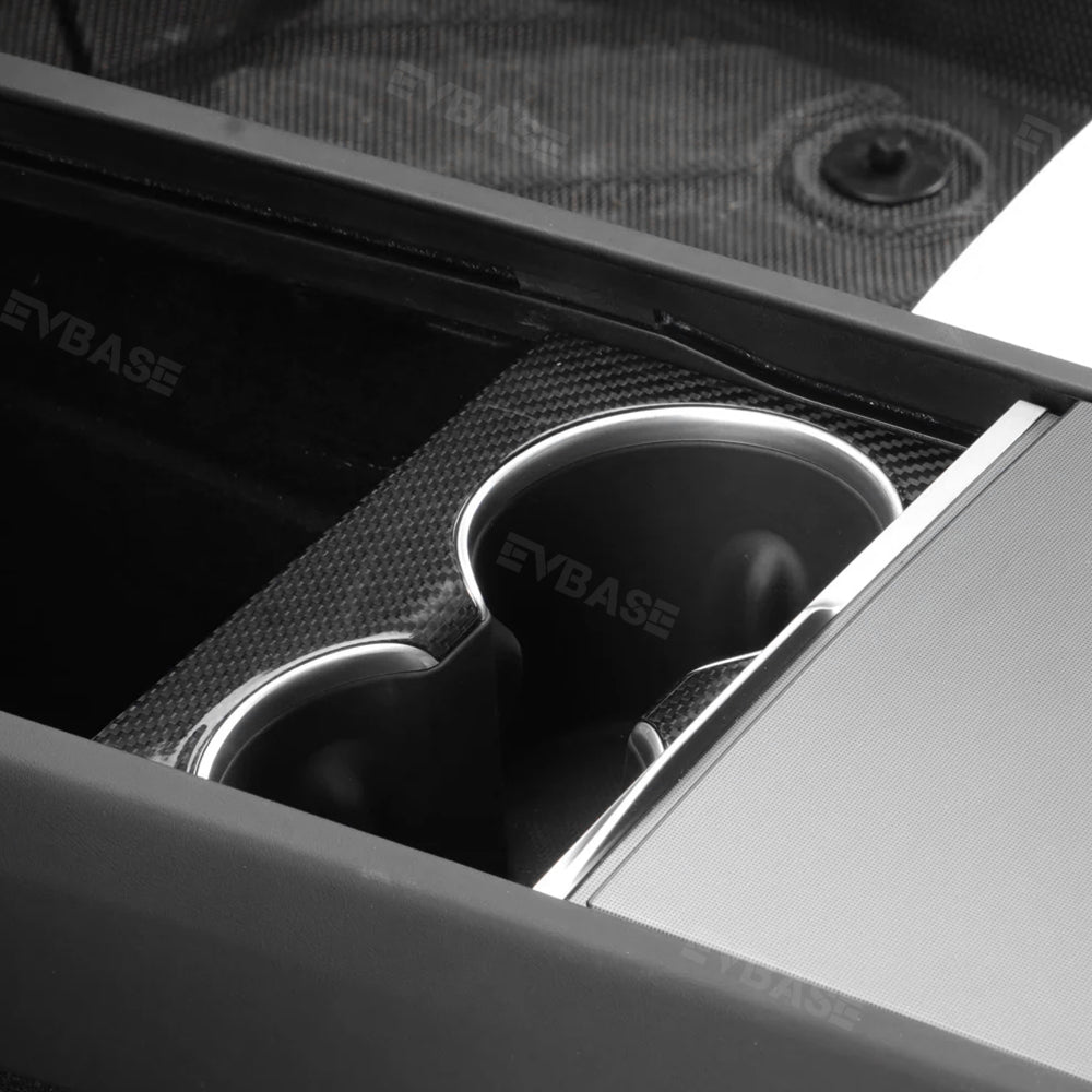 EVBASE Tesla Model Y Juniper Cup Holder Cover Real Carbon Fiber Trim Panel Center Console Overlay