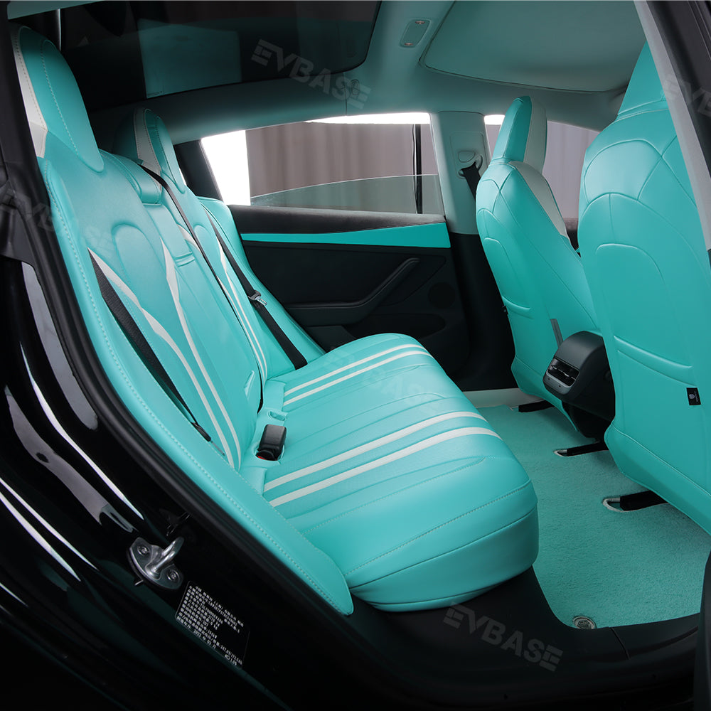 Model 3 Y Seat Covers Breathable NAPPA Leather Seat Protector Tiffany Blue & White All Set for Tesla