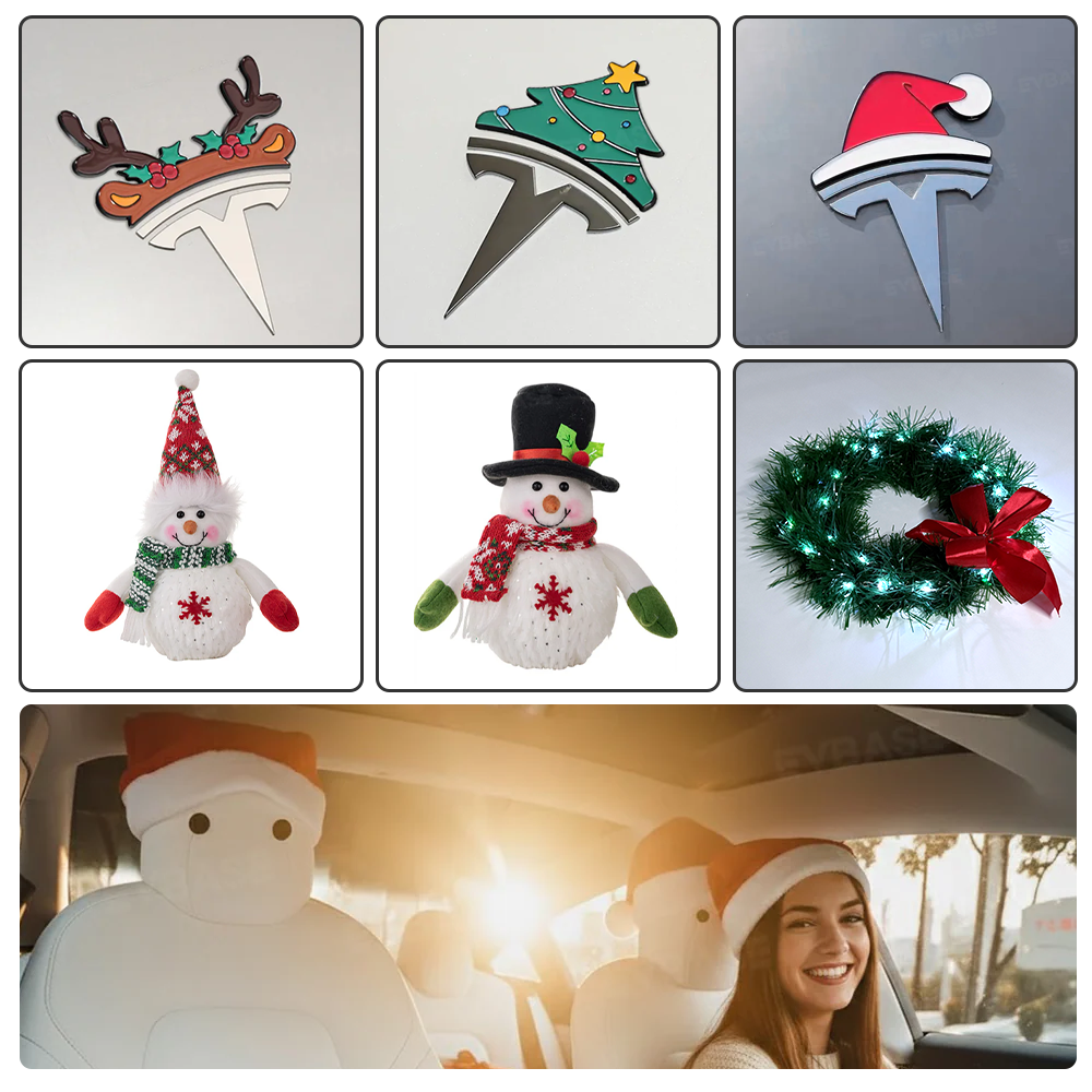 Christmas Holiday Car Decor Headrest Hat LED Christmas Wreath Lighted Snowman Plush Figurines 3D Xmas Emblem Stickers for Tesla