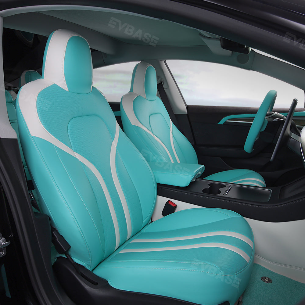 Model 3 Y Seat Covers Breathable NAPPA Leather Seat Protector Tiffany Blue & White All Set for Tesla