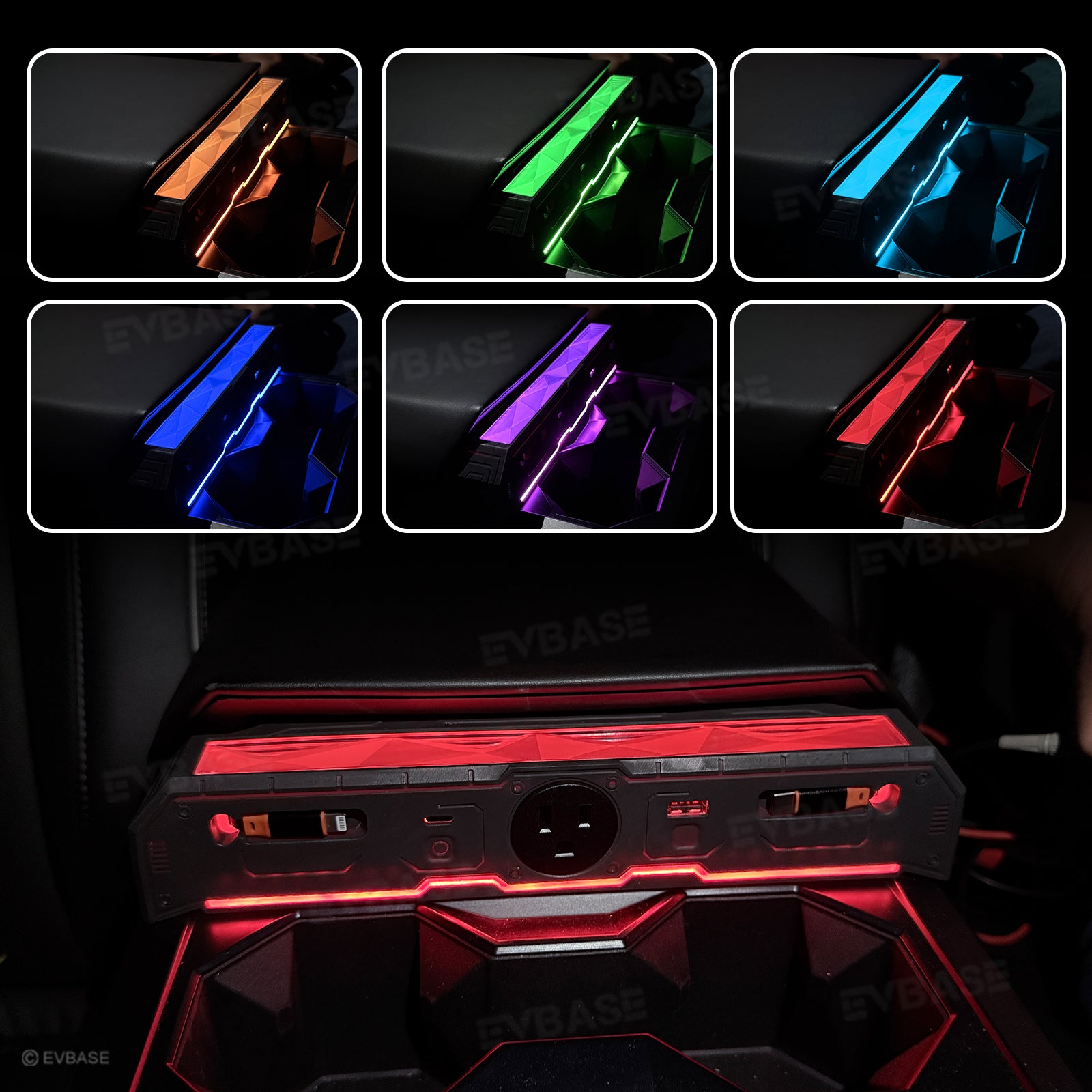 Cybertruck Center Console Multi-Port USB Charger Hub 3.0 with Retractable Cables & 110V AC Outlet Ambient Lighting Power Hub
