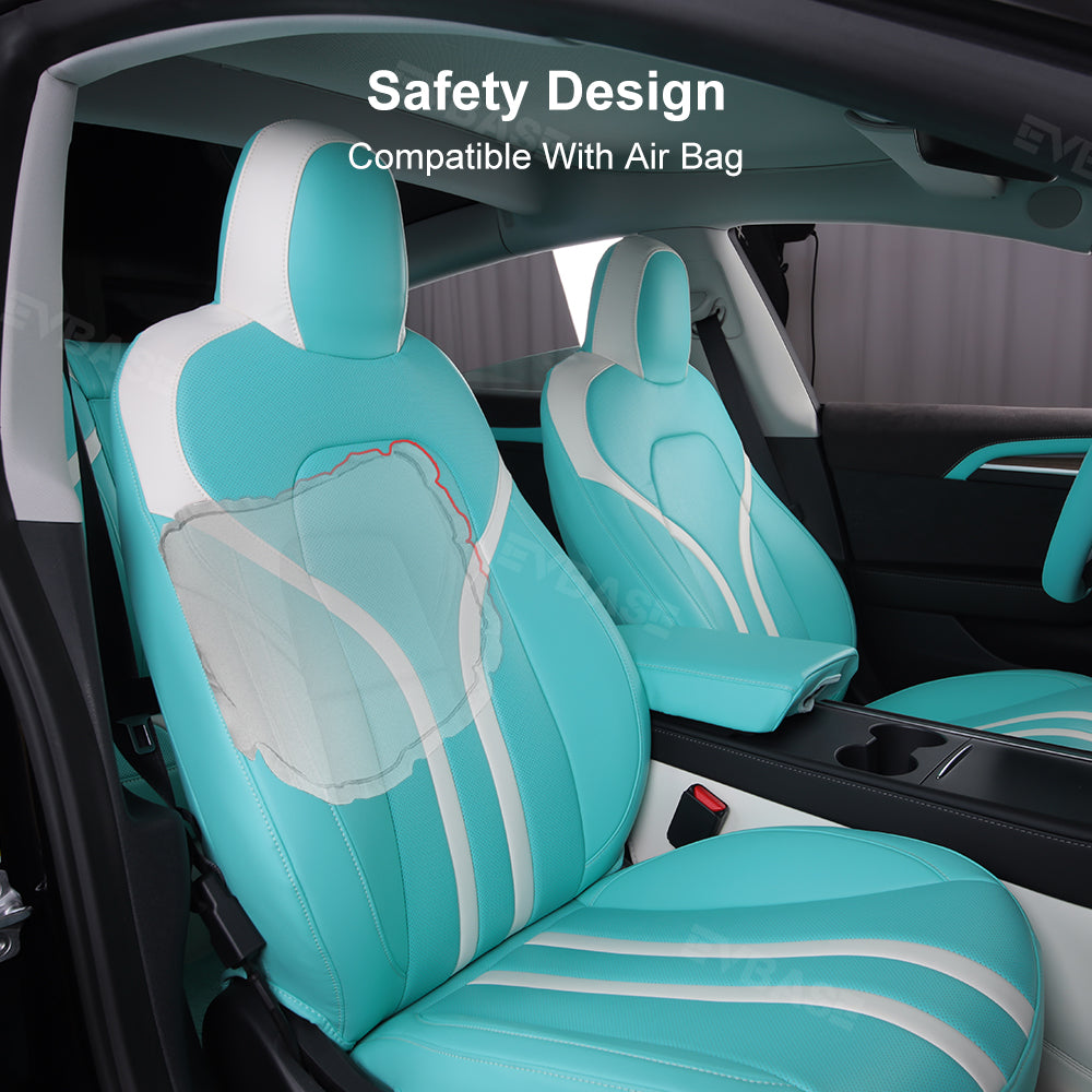 Model 3 Y Seat Covers Breathable NAPPA Leather Seat Protector Tiffany Blue & White All Set for Tesla