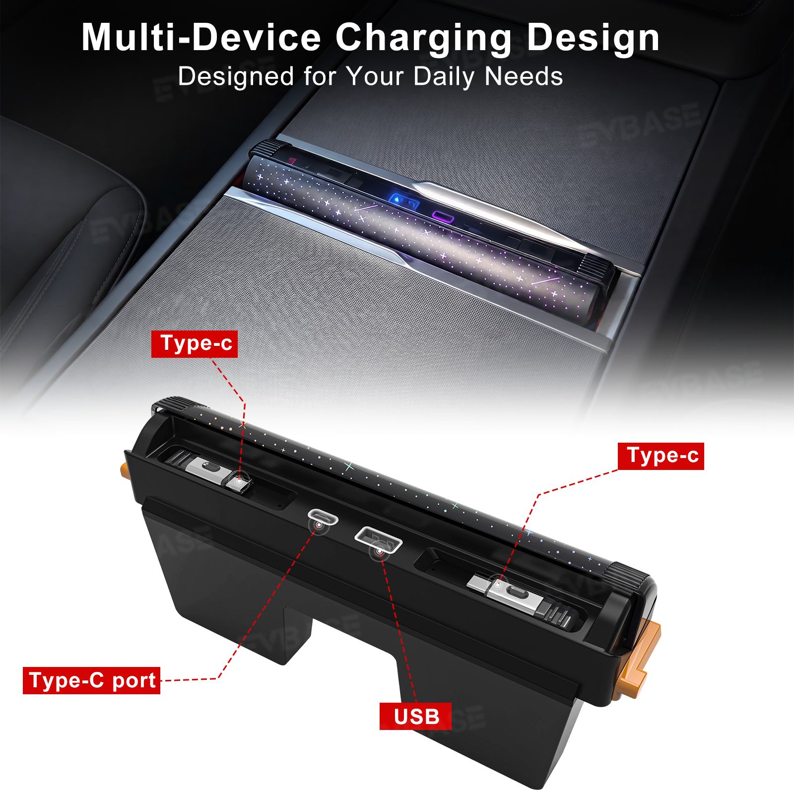 Model Y Juniper/ 3 Highland Center Console Multiport USB Hub Adapter with Starlight Ambient Lighting & Fast Charging Retractable Cables