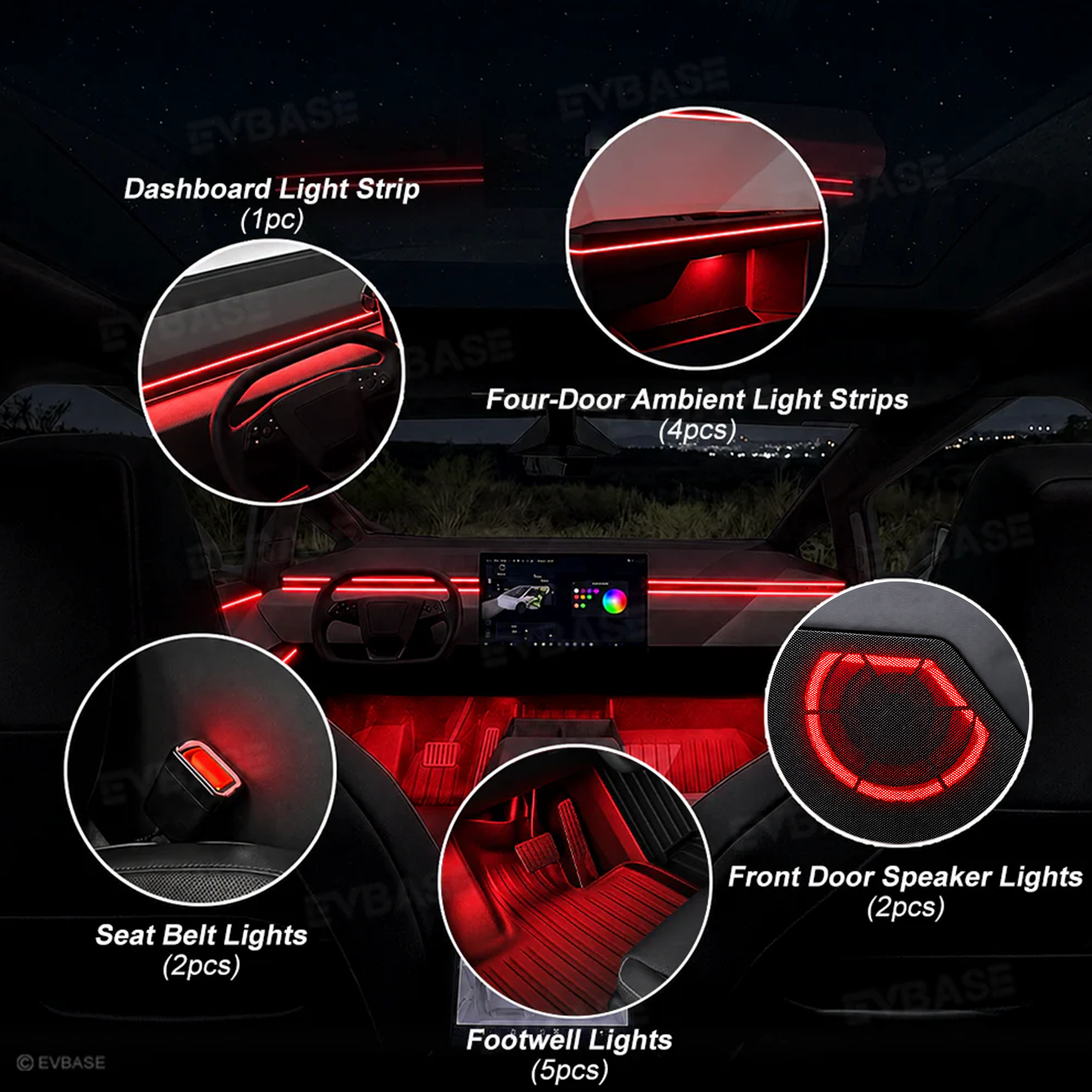 Cybertruck Interior Ambient Lighting Kit RGB Streamer Lights LED Interior Light Strips Multi-Zone Lighting Upgrade System with Factory Screen Control