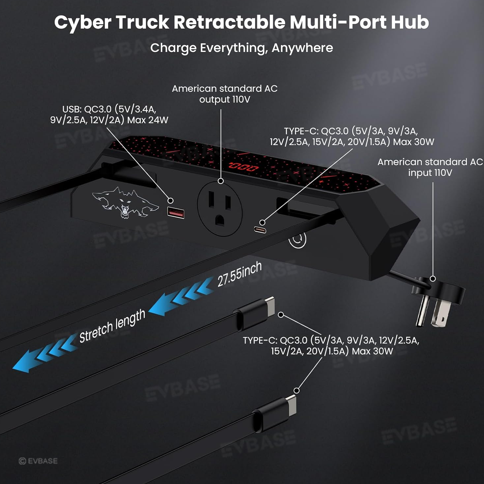 Cybertruck Center Console Multi-Port USB Charging Hub 2.0 with Retractable Cables & 110V AC Outlet (30W PD/QC3.0 Fast Phone Charge)