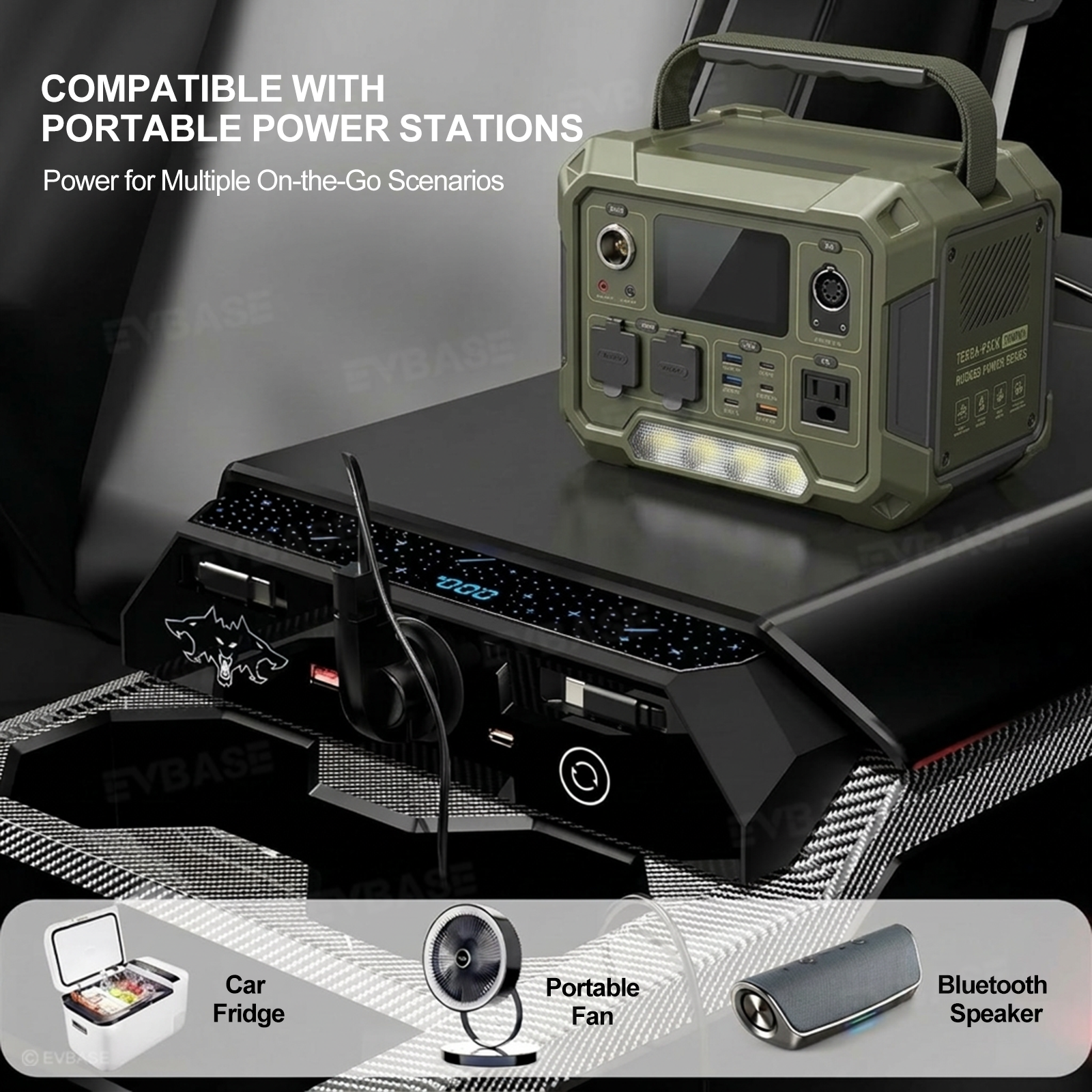 Cybertruck Center Console Multi-Port USB Charging Hub 2.0 with Retractable Cables & 110V AC Outlet (30W PD/QC3.0 Fast Phone Charge)