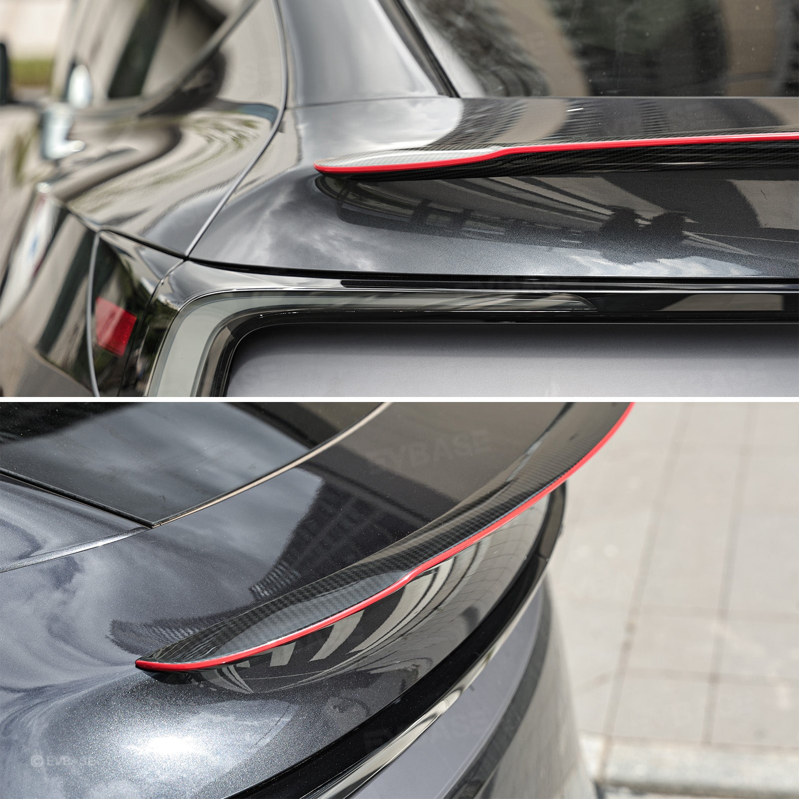 Model Y Juniper Real Carbon Fiber Rear Spoiler Wing & Side Mirror Covers & T-E-S-L-A Lettering Tailgate Emblem Decal