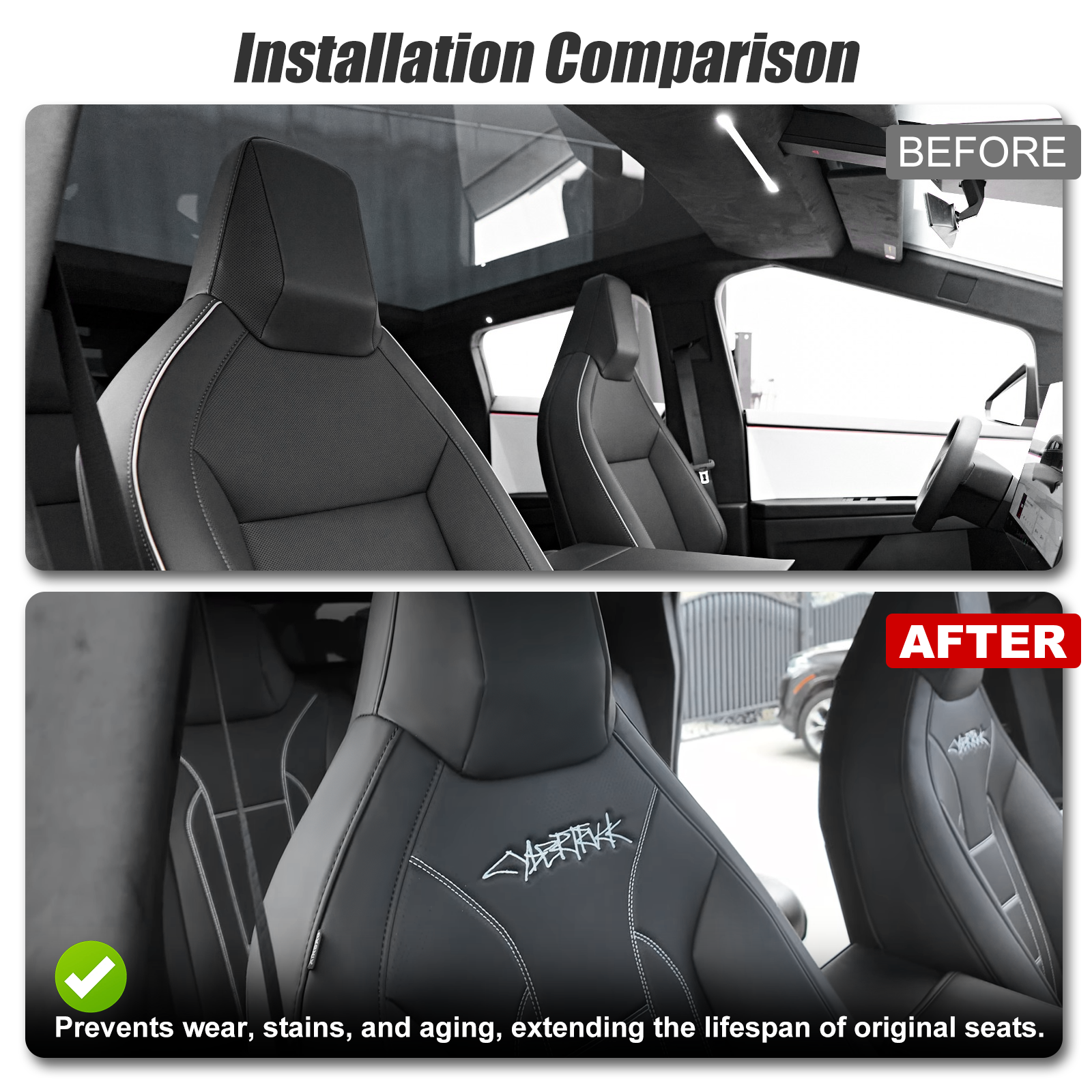 Cybertruck Black Seat Covers Full Coverage Seat Protector NAPPA Leather With Cybertruck LOGO For Tesla