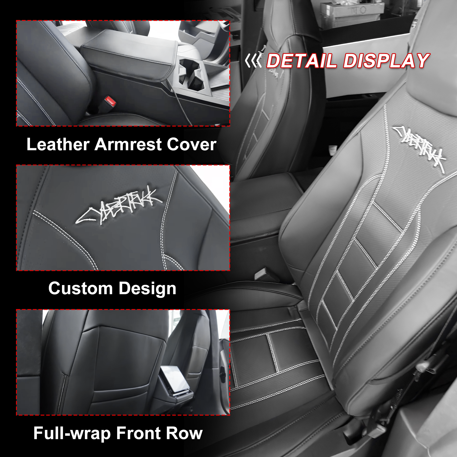 Cybertruck Black Seat Covers Full Coverage Seat Protector NAPPA Leather With Cybertruck LOGO For Tesla