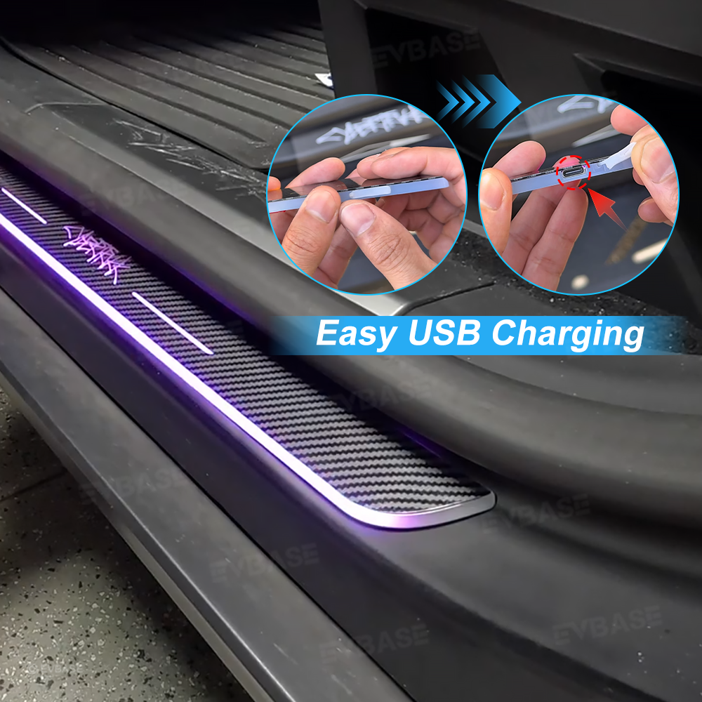 Tesla Cybertruck Door Sill Protector LED Trim Plates Welcome Pedals Carbon Fiber Pattern With Cybertruck Graffiti / Cyberbeast Logo