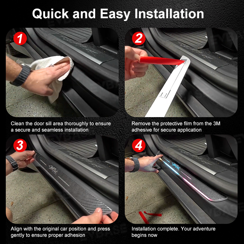Tesla Cybertruck Door Sill Protector LED Trim Plates Welcome Pedals Carbon Fiber Pattern With Cybertruck Graffiti / Cyberbeast Logo