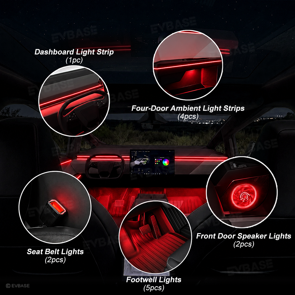 Cybertruck Interior Ambient Lighting Kit RGB Streamer Lights LED Interior Light Strips Multi-Zone Lighting Upgrade System with Factory Screen Control