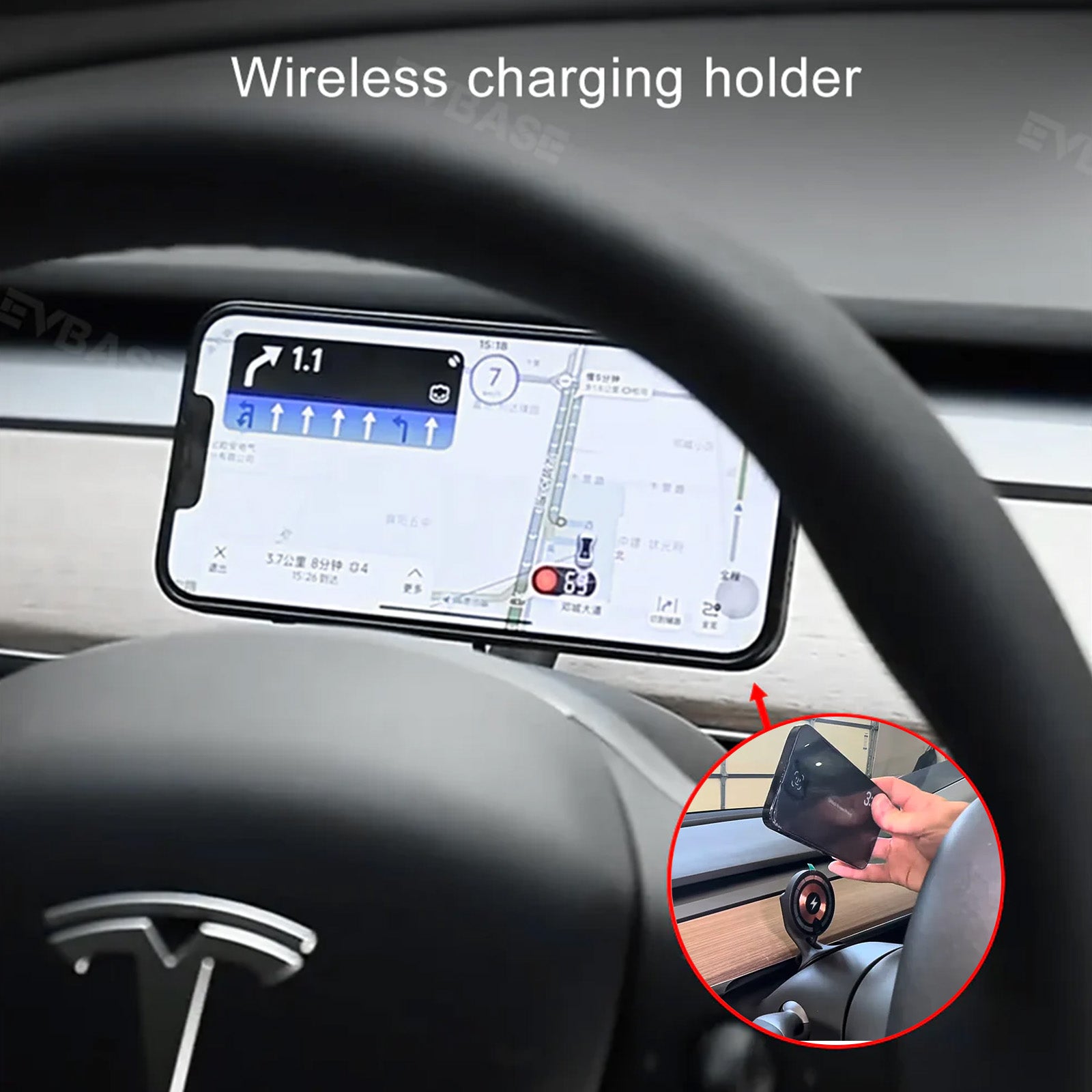 EVBASE Wireless Charging Phone Mount MagSafe Magnetic Phone Holder Behind Steering Wheel For Tesla Model 3 Y 3 Highland