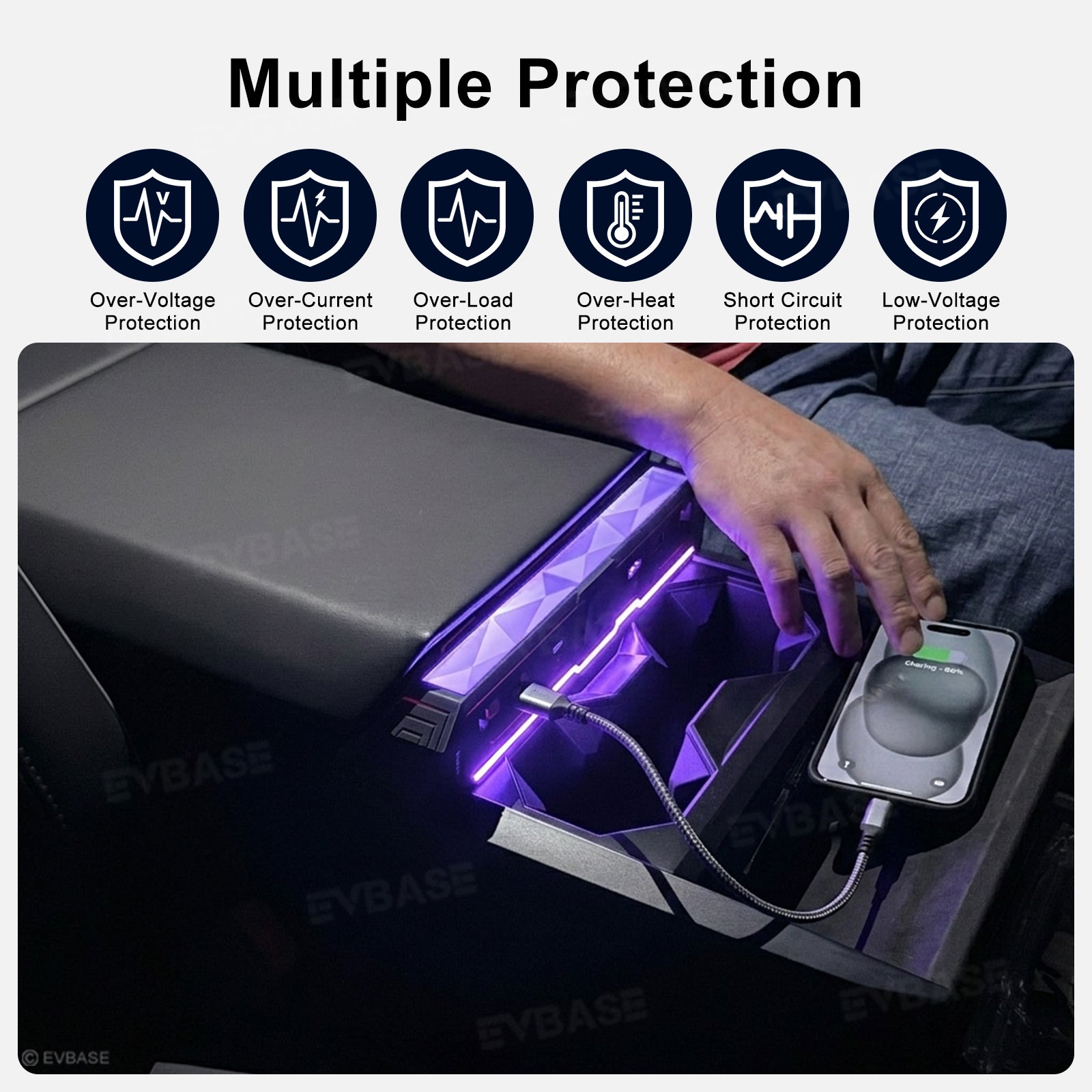 Cybertruck Center Console Multi-Port USB Charger Hub 3.0 with Retractable Cables & 110V AC Outlet Ambient Lighting Power Hub